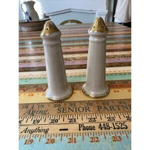 VINTAGE Salt Pepper SHAKERS Kass Lusterware Porcelain Gold Trim White USA